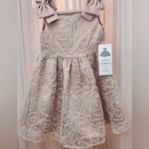 Rare Editions Sparkle Blush Rose Tulle Dress, Stationary Bow, Size 5, NWT